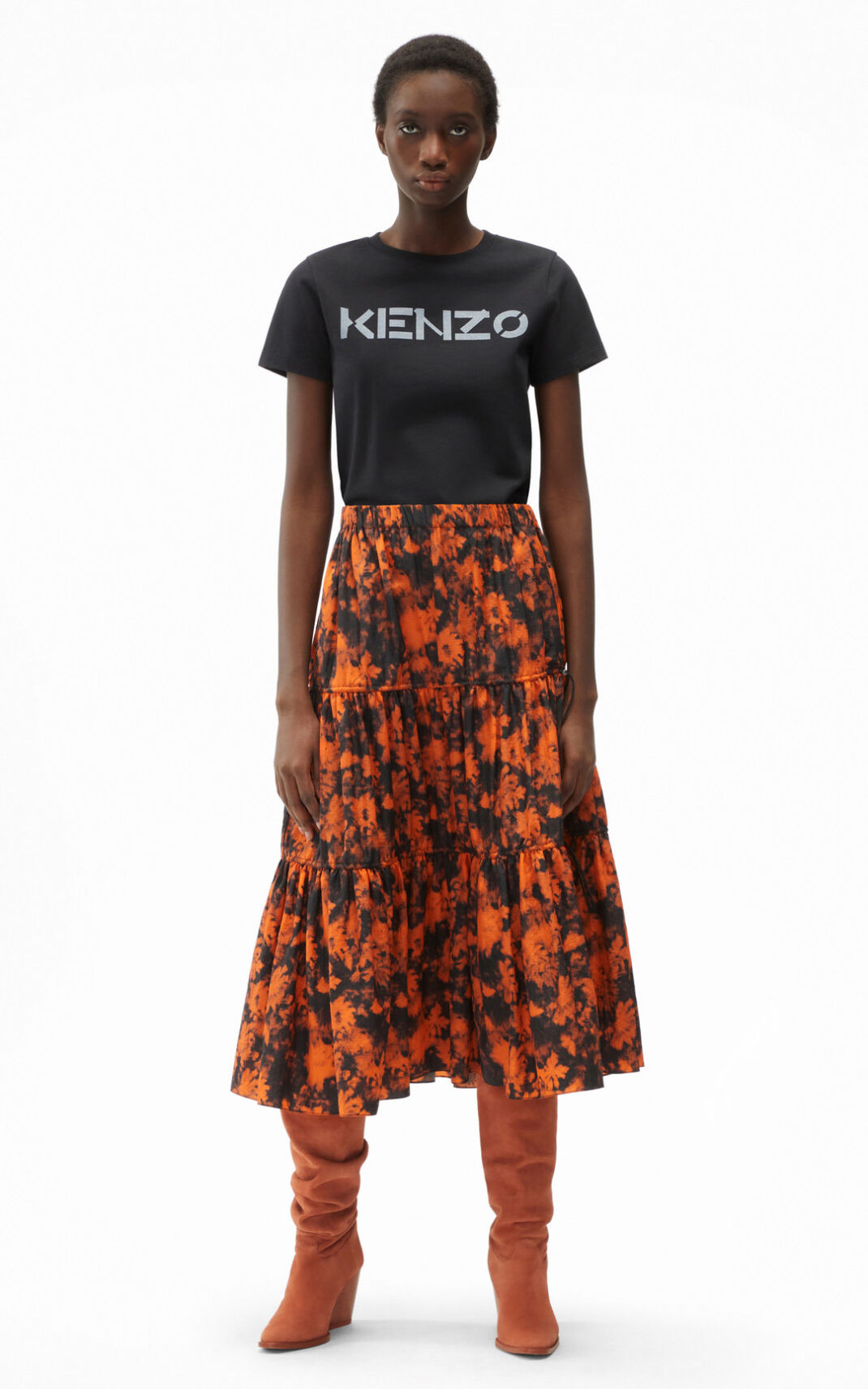 Kenzo Ghost Flower Midi Skirt Orange For Womens 0641QKFTA